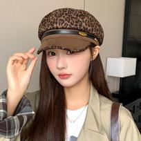 Retro Leopard Print Beret Women's Autumn and Winter Suede Duck Tongue Octagonal Hat Showing Face Little Hot Girl Niche Newsboy Hat 56-60cm