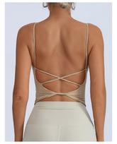 Backless Cross-Strap Push-Up Sports Bra for Yoga and Training Medium chaki