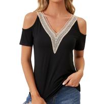 Womens Spring Tops V Neck Cold Shoulder Summer Shirts for Women Lace Trim Design Womens Summer Shirts Casual Style L juoda