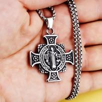 Karoliai St. Benedikto Egzorcizmo Šventasis Medalis Vyriškas Kryžiaus Pakabukas 50CM(Necklace Size) sidabras