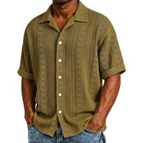 Men Cuban Collar Geometric Jacquard Full Button Short Sleeve Casual Shirt S žalia