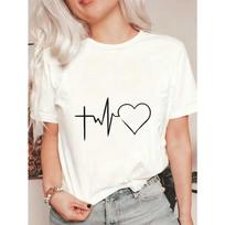 Per dydžio T-shirt Juoda Širdies Ritmo ir Širdies Spausdinimo Atsitiktiniai Drabužiai Moterims Vasaros Apranga Streetwear Mados Viršus S balta