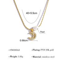 French Elegance Natural Freshwater Pearl Bracelet with Titanium Steel Moon Full Diamond Pendant Collarbone Necklace Set