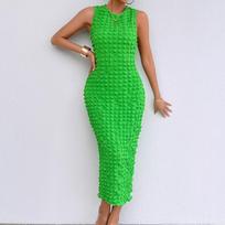 Real shot fashion popcorn slim dress bubble elastic cloth sleeveless dress women S fluorescencinė žalia spalva