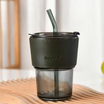 450ml Coffee Glasses Heat Resistant Leather Cover Glass Mug Water Cup Tea Wine Drinkware Glasses Tumbler With Lids Straw 450ML