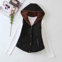 Women's Autumn and Winter Pure Color Thickened Vest Hooded Warm Casual Outerwear 3XL juoda