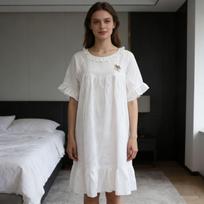 Sleeping Dress Women's Summer Lightweight Loose Large-sized Ruffled Long-sleeved Sweet Pajamas One size balta