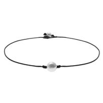 Europe, America, adjustable black leather rope imitation pearl necklace, women's fashionable and elegant handmade short necklace