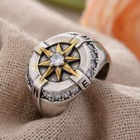 Vintage Compass Design Shiny Crystal Star Thai Silver Men Punk Ring  Hand Accessories Gifts resizable