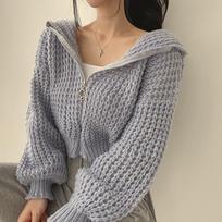 Autumn and Winter Knitted Cardigan Women Hooded Short Sweater Jacket Casual Loose Zipper Office Short Tops Hollow Out Fashion Elegant Office Clothing One size mėlyna