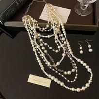 Fashion Exaggerated Multi-Layer Pearl Necklace and Earrings Suite Women's Fashion Long Heavy Industry Sweater Chain Elegant Classy Accessories Multi-Layered Pearl Necklace + Earrings