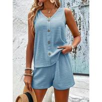 Loose V-neck Sleeveless Button Vest Solid Color Casual Shorts Two Piece Set Summer Outfit S dangaus mėlyna spalva