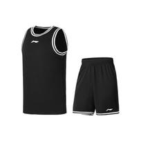 Li Ning Basketball Series Sleeveless Graphic Print Vest And Mid-Waist Elastic Shorts Casual Sports Set Men sets Black Black-And-White AATU047-3 S