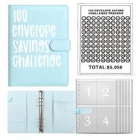 Yousheng 100 Envelope Savings Challenge Kit PU Binder with Numbered Pockets And Progress Trackers A5 Budget Planner for Couples Individuals B šviesiai mėlyna spalva