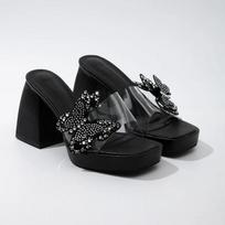 Fashion Crystal Pearl Butterfly Bling Sandals Chunky Heel Platform 9.5cm High Heels Slip On Clear PVC Women Slipper Fashion Shiny Slides 35