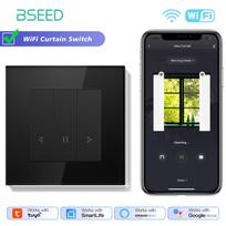 BSEED Smart Curtain Switch Series Wall WIFI Click Switches Yellow Backlight Glass Frame Tuya APP Switch EU Wall Sockets with USB Socket no wifi&EU standard black