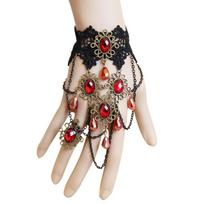 Red Rhinestones Hand Chain Ornament Punk Bracelets Black Lace Gothic Bracelets 1 raudona