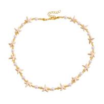 Bohemia Starfish Faux Pearl Necklace Lightweight Hypoallergenic Women Shell Pendant Golden Chain Necklace Ocean Beach Neck Jewelry A