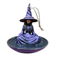 Meditating Witch Garden Bird Feeder Purple Hat Witch Wild Bird Seeds Tray with Rope Decorative Resin Hanging Feeder for Outside Zen Garden Patio Small