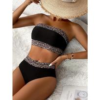 Seksualus dviejų dalių bikini komplektas be petnešėlių, moteriškas maudymosi kostiumas su leopardo raštu 2XL juoda