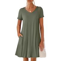 Women V Neck Short Sleeve Dress with Pockets Soft Fabric Loose Fit Casual A Line Tunic Knee Length Summer Dress L