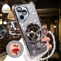 For Huawei Honor 400 Lite 300 Ultra 200 100 90 Pro Case Glitter Plating Makeup mirror Magnetic Phone Holder Bracelet Cover Honor 400 sidabras