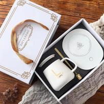 Portable USB Rechargeable Heating Cup 55℃ Thermal Ceramic Mug with Stainless Steel Spoon Gift Set for Travel Office Gift 400ml