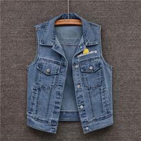 Women's Korean Fashion Sleeveless Denim Vest with Big Pockets and Print, Versatile for Spring and Autumn. XL