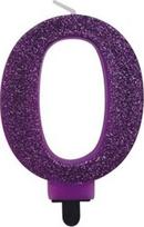 Violetinė gimtadienio žvakutė "0" su blizgučiais