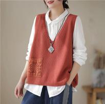 Retro Artistic Lace Pocket V-Neck Knitted Vest Loose Slimming Woolen Women's Vest Tank Cotton Fabric Spring Autumn One Size plytų raudona spalva