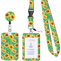Gėlėmis margintas diržas ID kortelės laikiklis su ištraukiama lengvai užtraukiama sagtimi, madingas tvirtas ženklelis Green sun flower yellow