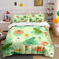 3Pcs Cartoon Frogs And Lotus Pattern Bedding Set 1 Duvet Cover 2 Pillowcases For Adult And Children Luxury Gift Full Size EU Twin 135X200cm&set