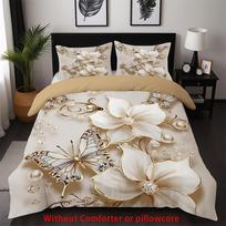 3pcs Champagne Beding Set Pearl Flower Print Cozy Soft Duvet Cover King Quen Twin Sized Dimensions Birthday Gift for Girl Adult People Bedrom Decor 120*200cm Single