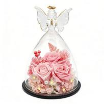 Natural Beauty Preserved Rose in Clear Glass Dome Angel Design for Long Time Indoor Decors Display Ornament rožinė