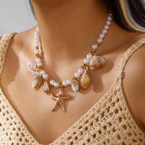 Bohemia Irregular Imitation Pearl Chain Necklace for Women Summer Beach OT Buckle Starfish Shell Turtle Choker Beach Jewelry