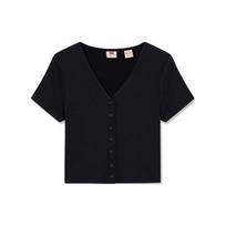 Levis Solid Color Round Neck Single Button Straight Knit Short Sleeve Regular T-Shirt Women Tops Black A7182-0001 S