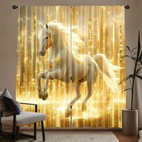Gilded White Horse Roller Shades Golden Cityscape Curtains Living Room Kitchen Light Filtering Made Of Polyester With Rod Pocket Sitting Decor W100*H70(CM)-Hooks&2PCS