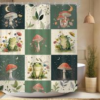 Whimsical Forest Frog Shower Curtain Mushroom Flowers Leaves Grid Pattern Cute Animal Art Waterproof Bath Linen Home Fashion W60H190(CM)-1 Pcs