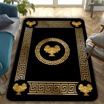 Luxury Greek Key Print Flannel Area Rug Golden Medallion Design Black Background Soft Non Slip Floor Mat For Living Room Home 60x90cm