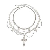 2pcs Stylish Crosses and Pearls Necklace Elegant Pearls Necklace with Crosses Pendant Char Adds Charm to Your Style