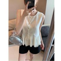 Women Pearl Button Ruffle Hem Sleeveless Blouse S