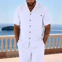 Men's Cuban Collar Cotton Linen Short Sleeve Shirt and Pants Set S balta
