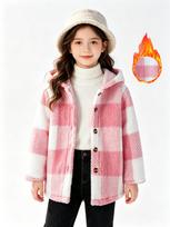 Girls 120-160cm Autumn Winter Two-tone Plaid Hooded Coat Loose Warm Mid-length Casual Outerwear 120 rožinė