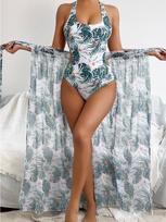 Charming Leaf Print Slit Knot Long Dress Halter Two Piece Bikini Swimsuit For Vacation S balta