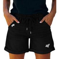 Jean Shorts for Women High Rise Roll Up Hem Straight Leg Distressed Denim Shorts Elastic Waist Drawstring Summer Ripped Hot Shorts with Pockets L rožinė raudona spalva