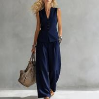 Women's Sleeveless Linen Vest and Wide Leg Pants Set Casual Summer Outfit Lightweight Breathable Fabric Relaxed Fit Two Piece M tamsiai mėlyna