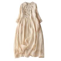 summer new women's clothing wind stand-up collar diagonal placket embroidered ramie dress retro seven-quarter sleeve long dress M smėlis