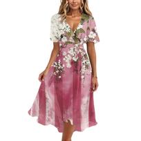Women’s V Neck Short Sleeve Midi Dress with Floral and Butterfly Print Flowing Hem Casual Fit XL rožinė