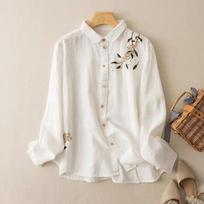 Hong Kong Style Embroidered Cotton Linen Shirt - Artistic Retro Casual Top for Women, Spring/Autumn 2025. 3XL - Recommended for 145-165 jin balta