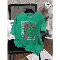 Japan Tokyo Beautiful Cherry Blossom Printed Women Washed T Shirt Summer Cotton T-Shirts Loose Y2K Clothe Short Sleeves S